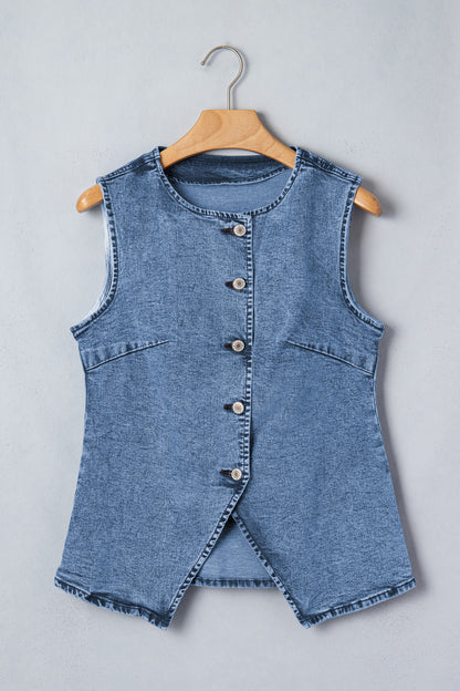 Tank Tops - Black Buttoned Front Slit Denim Vest