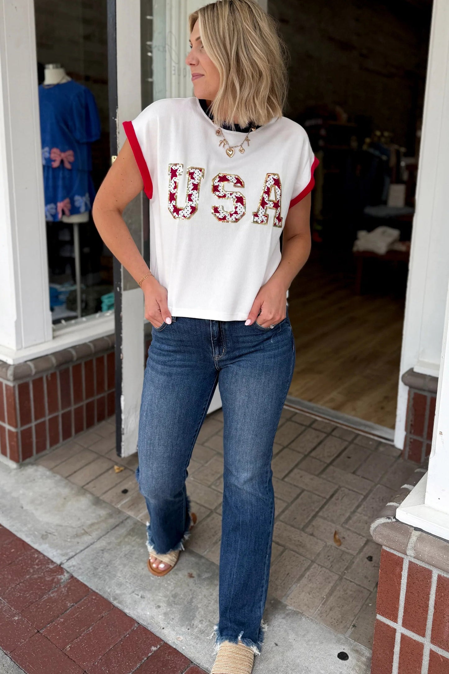 Tops & Tees - White USA Sequin Color Block Trim Loose T Shirt