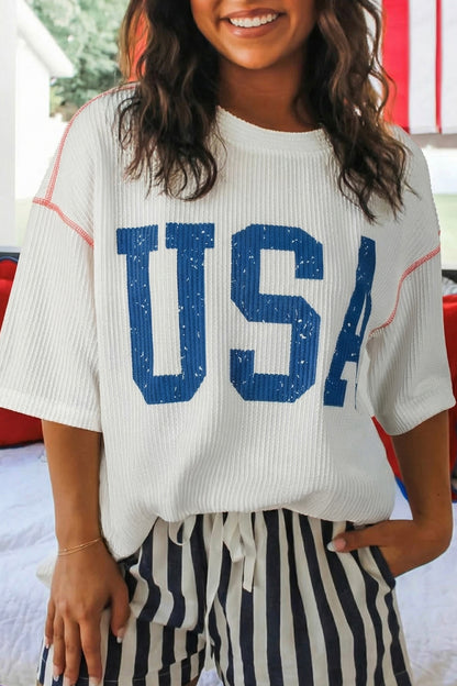 Tops & Tees - White USA Graphic Half Sleeve Loose Ribbed Top