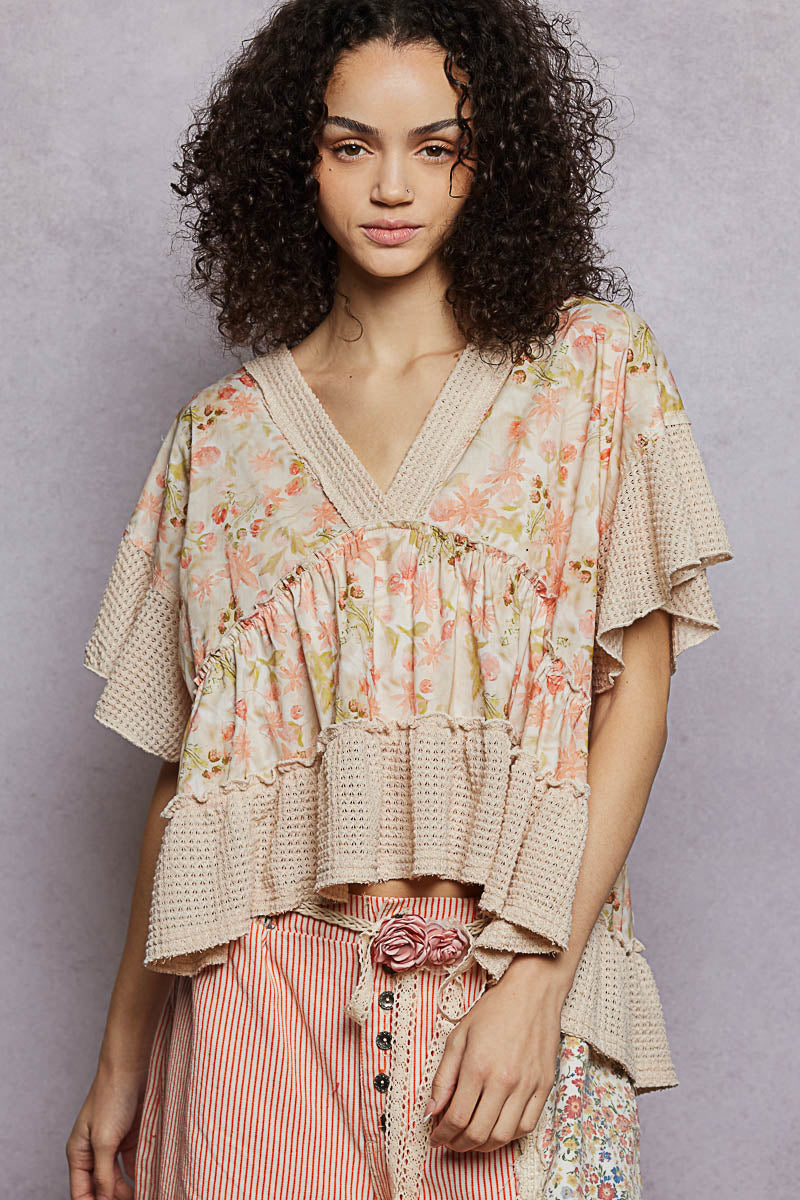  - POL Floral Print V-Neck Woven Blouse with Gentle Gathers