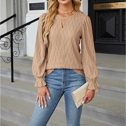 Blouses - Jacquard Round Neck Long Sleeve Top Women's Clothing