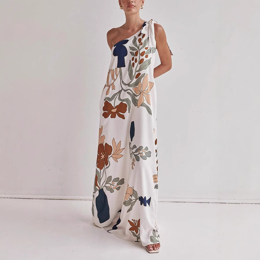 One Shoulder Dresses - Oblique Shoulder Printed Pocket Dress Loose