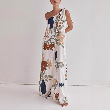 One Shoulder Dresses - Oblique Shoulder Printed Pocket Dress Loose