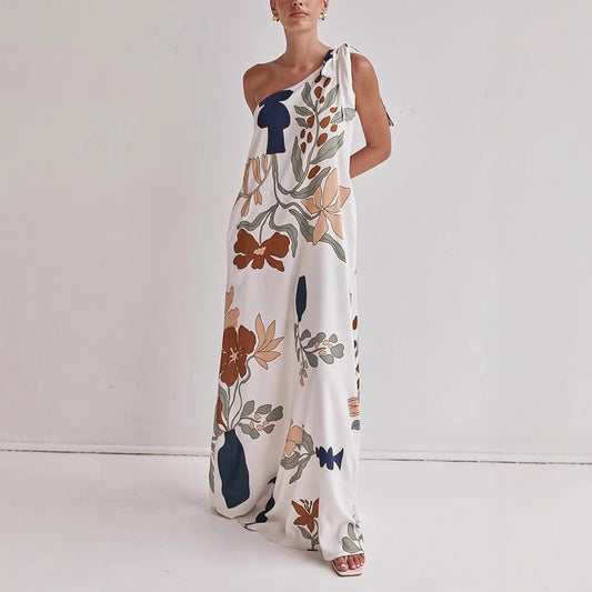 One Shoulder Dresses - Oblique Shoulder Printed Pocket Dress Loose