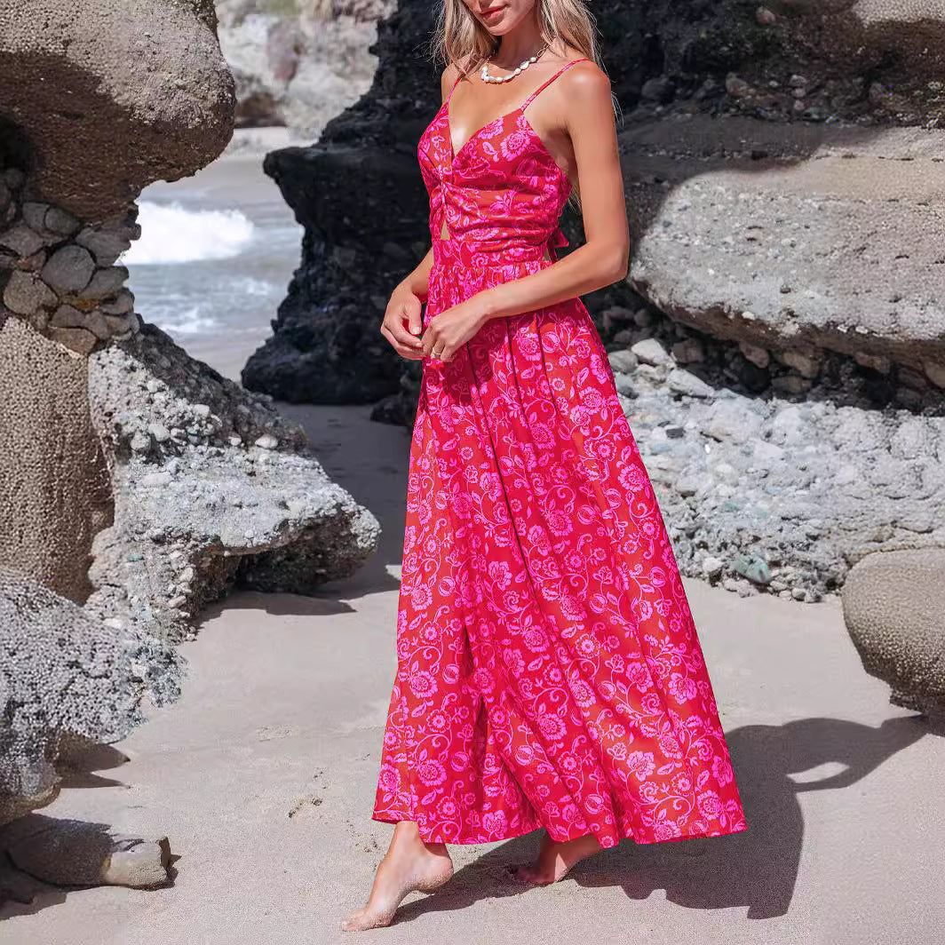 A-Line Dresses - Knotted V-neck Long Dress Women