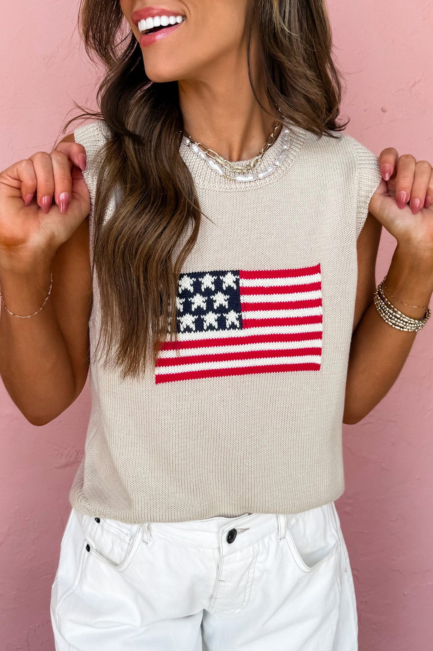 Sweater Vests - Parchment American Flag Sleeveless Sweater