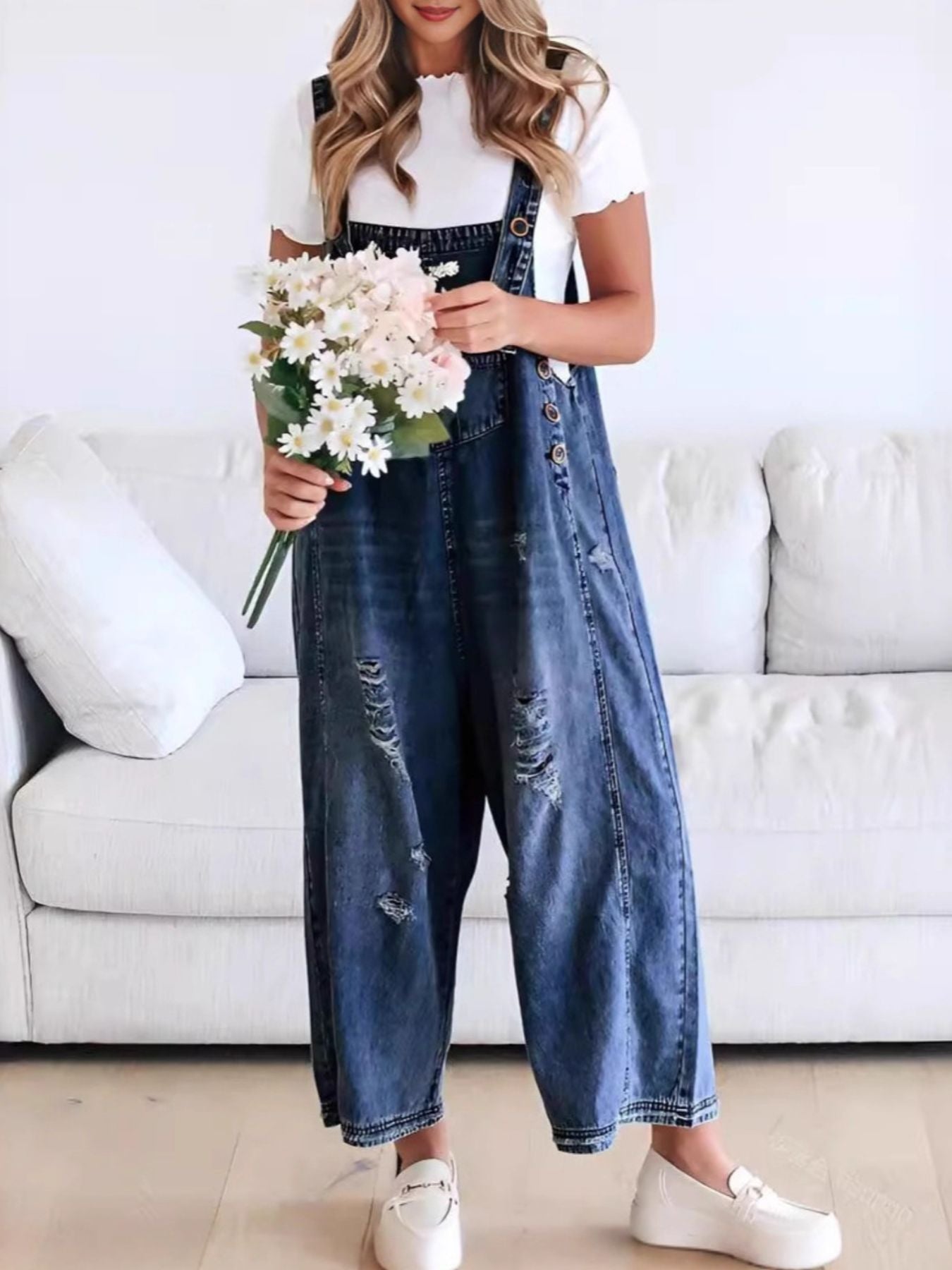  - Distressed Wide Leg Denim Overalls