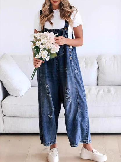  - Distressed Wide Leg Denim Overalls