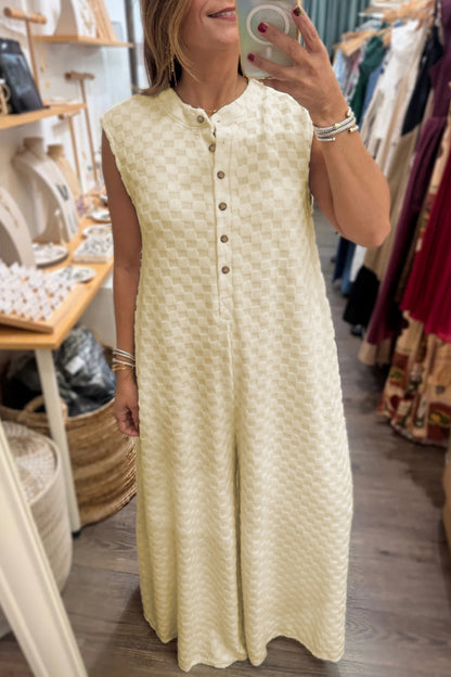 Jumpsuits & Rompers - White Half Buttons Sleeveless Wide Leg Textured Jumpsuit