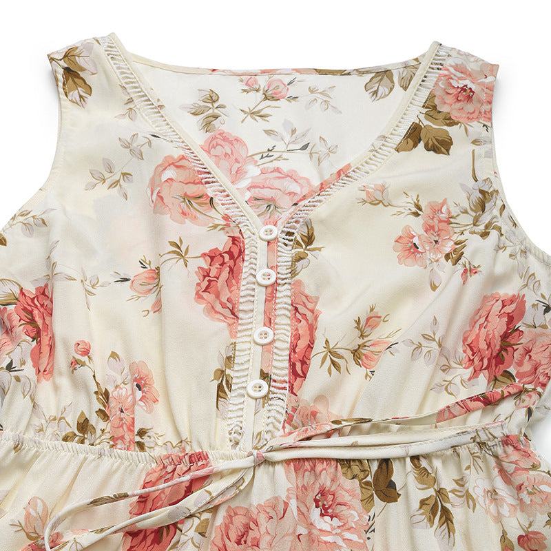 A-Line Dresses - European And American Printed Dress V-neck Lace Stitching Dress