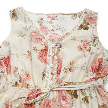 A-Line Dresses - European And American Printed Dress V-neck Lace Stitching Dress