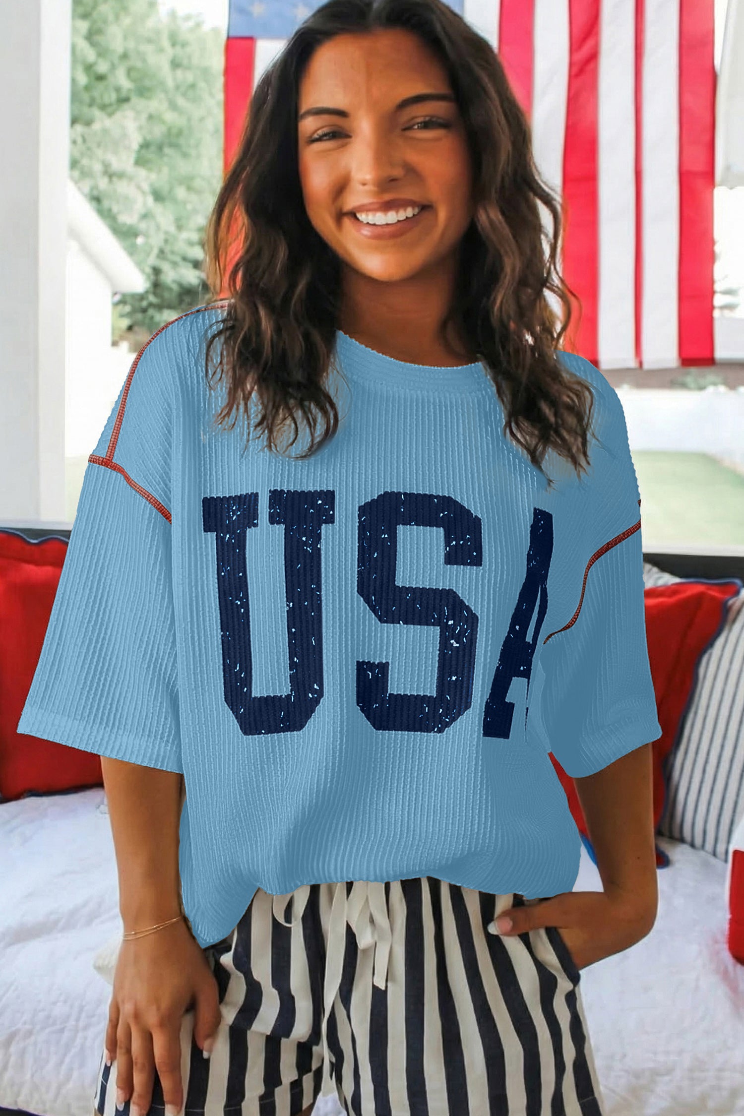 Tops & Tees - White USA Graphic Half Sleeve Loose Ribbed Top