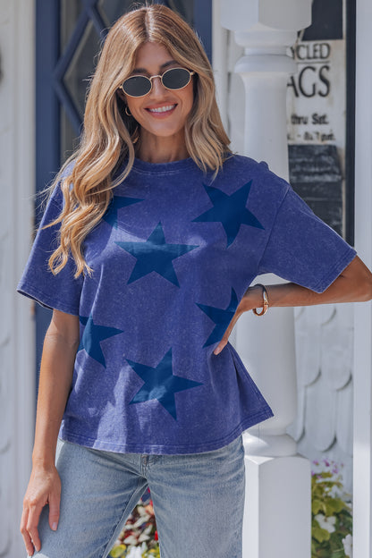 Tops & Tees - Red Independence Day Star Printed Mineral Wash T Shirt