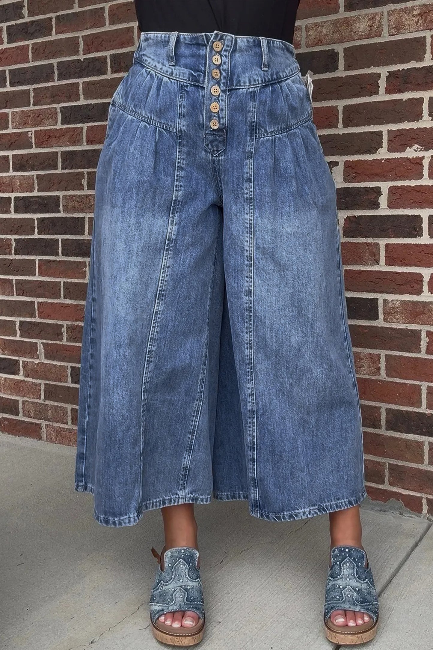 Jeans - Dusk Blue High Rise Buttons Pleated Cropped Wide Leg Denim Pants