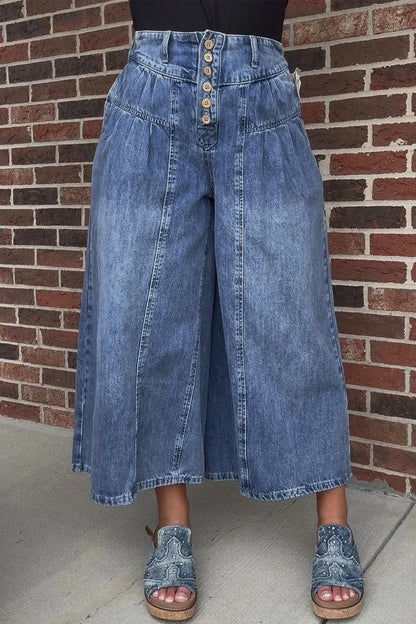 Jeans - Dusk Blue High Rise Buttons Pleated Cropped Wide Leg Denim Pants