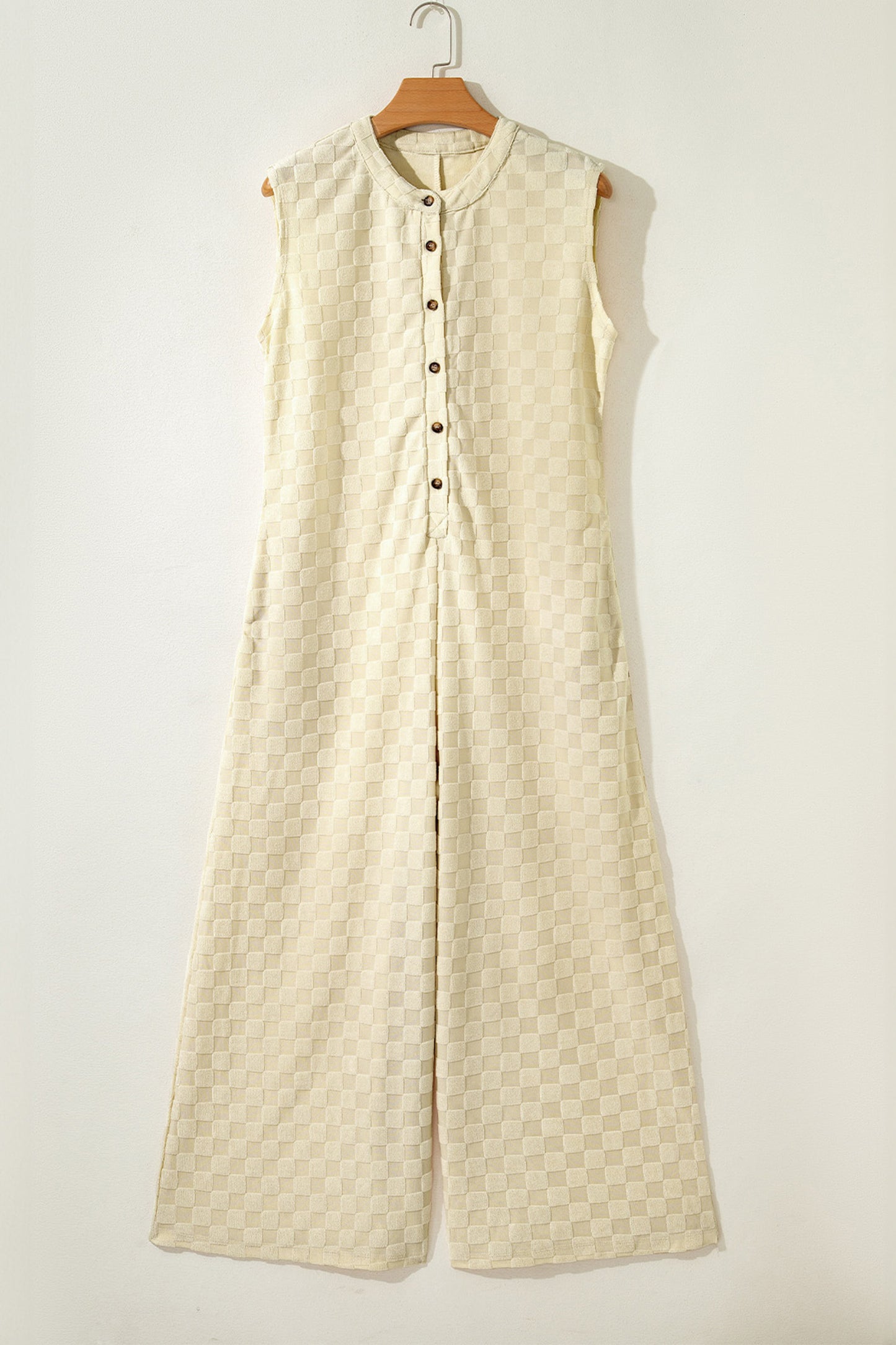 Jumpsuits & Rompers - White Half Buttons Sleeveless Wide Leg Textured Jumpsuit