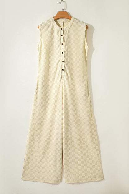 Jumpsuits & Rompers - White Half Buttons Sleeveless Wide Leg Textured Jumpsuit