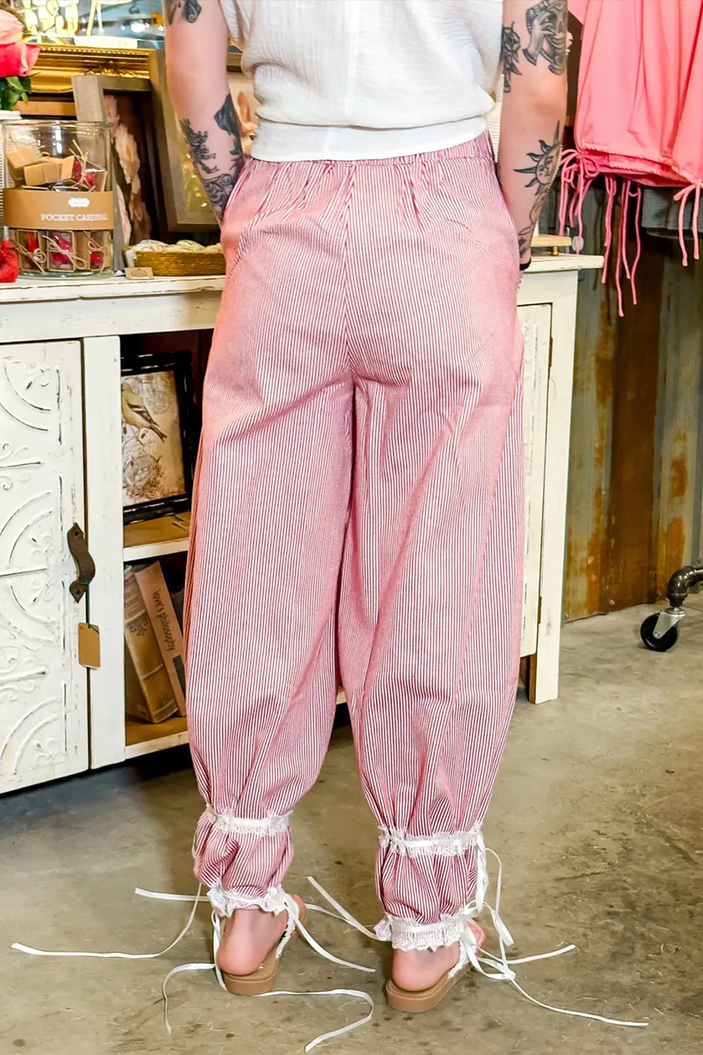 Pants & Culotte - Red Stripe Contrast Lace Ribbon Tie Detail Wide Leg Pants