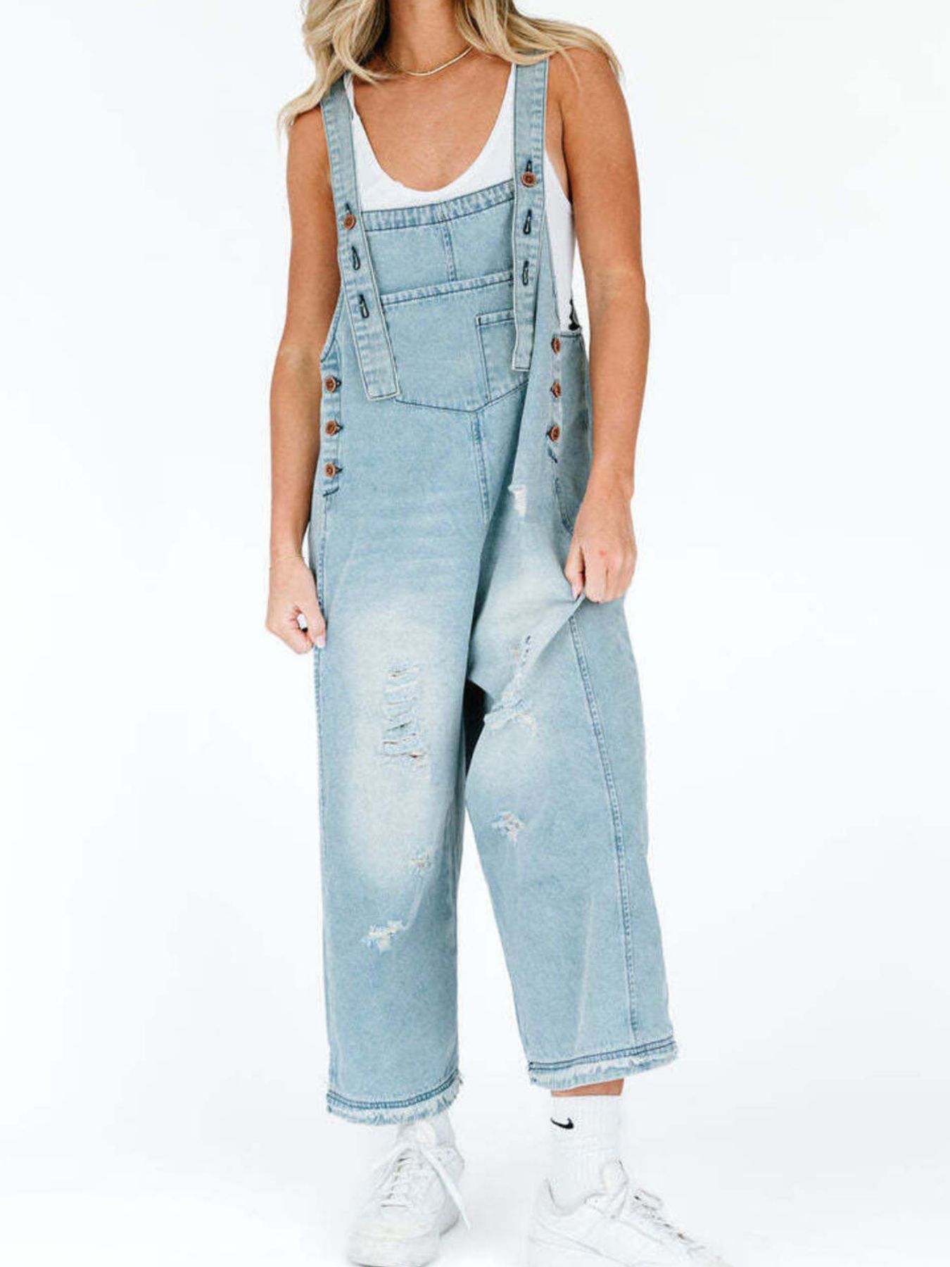  - Distressed Wide Leg Denim Overalls