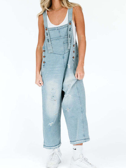  - Distressed Wide Leg Denim Overalls