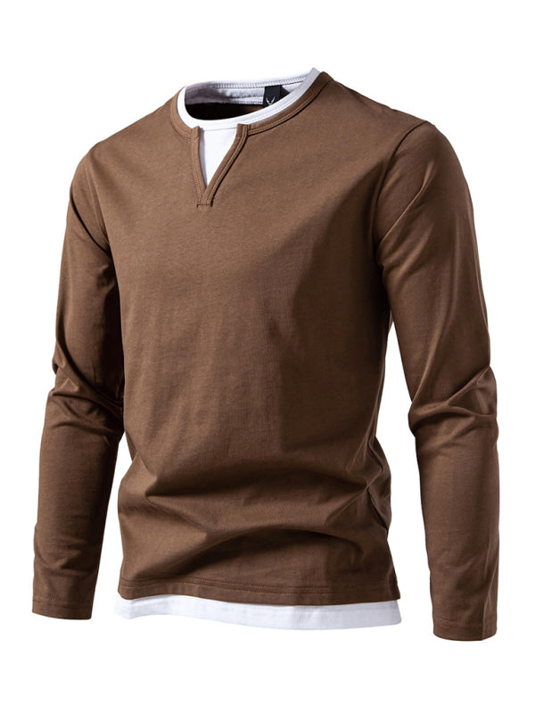 Casual Tops - Olive Green Men's Tee with Contrast V-Neck – Casual Wear