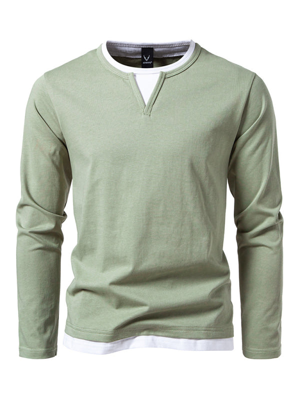 Casual Tops - Olive Green Men's Tee with Contrast V-Neck – Casual Wear