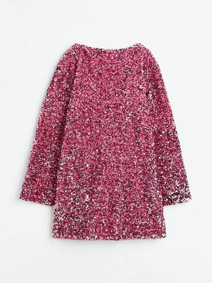 Tunic Dresses- Sparkle Sequin Mini Dress - Oversized Flare-Sleeve Tunic- - Pekosa Women Clothing