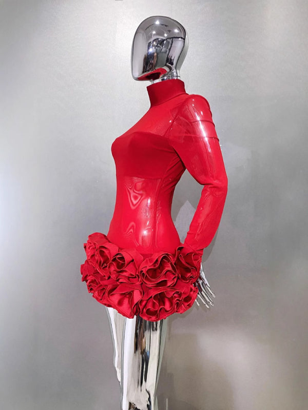 Party Dresses - Sexy see-through mesh flower bud skirt ultra-short red dress sexy hot birthday party dress