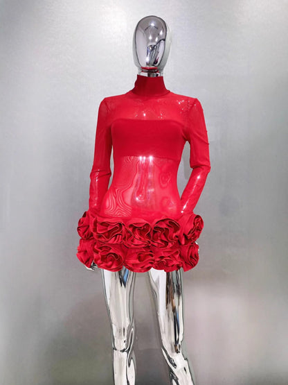 Party Dresses - Sexy see-through mesh flower bud skirt ultra-short red dress sexy hot birthday party dress