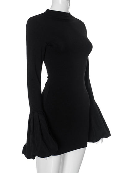 Mini Dresses - Women's round neck long sleeve puff sleeve dress