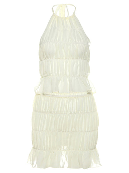 Skirt Set - Ladies new fashion sexy sleeveless halter neck pleated backless solid color short skirt suit