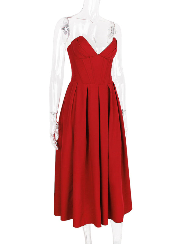 Tea-Length Dresses - Ladies new sexy tube top backless herringbone waist dress