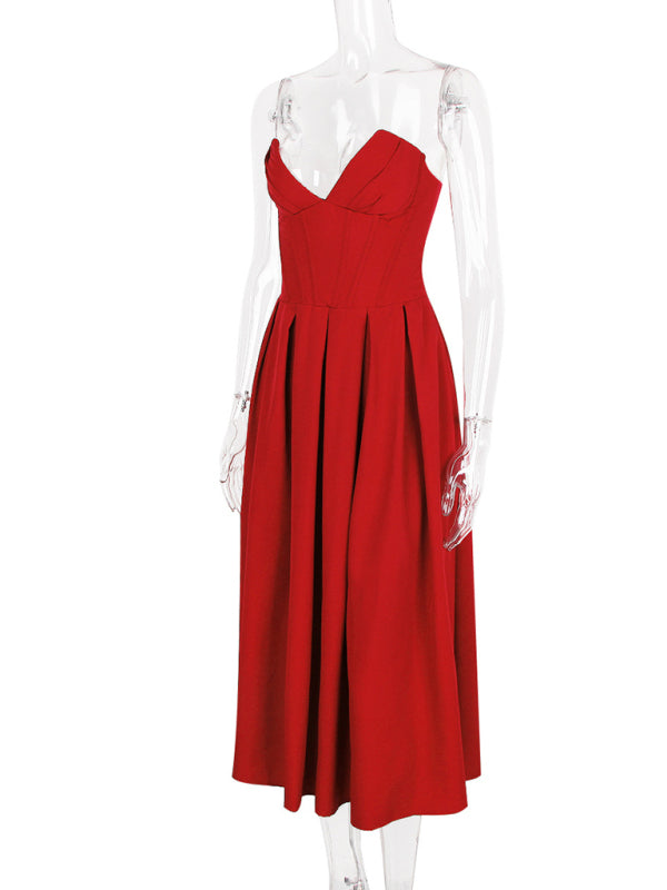 Tea-Length Dresses - Ladies new sexy tube top backless herringbone waist dress