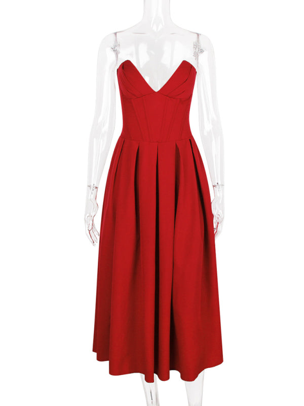 Tea-Length Dresses - Ladies new sexy tube top backless herringbone waist dress