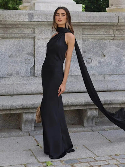 Elegant Dresses - New fashion simple single shoulder floor-length dress