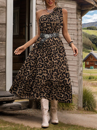 Midi Dresses - New A-line leopard print dress one-shoulder tie dress without belt