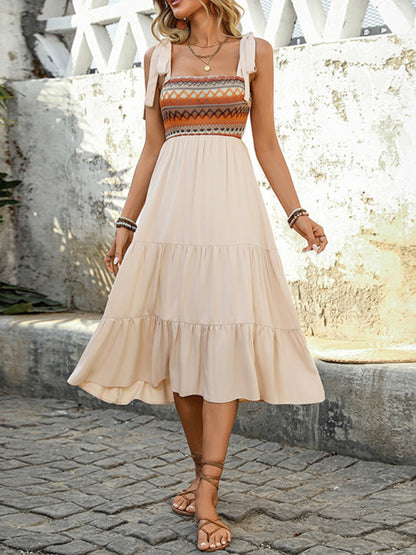 Casual Dresses - New style suspender skirt A-line stitching ethnic style dress