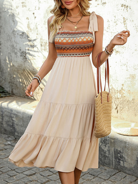 Casual Dresses - New style suspender skirt A-line stitching ethnic style dress