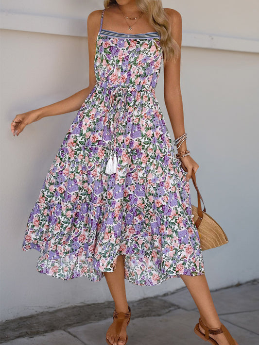 Casual Dresses - New style suspender skirt pleated printed ruffle dress