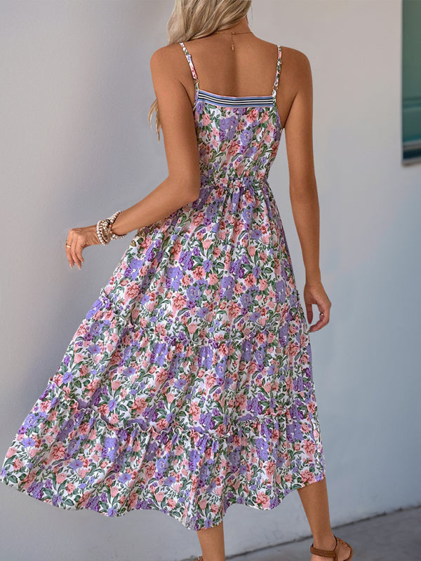 Casual Dresses - New style suspender skirt pleated printed ruffle dress
