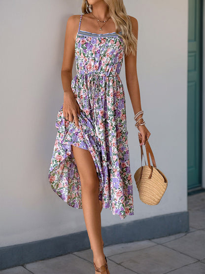 Casual Dresses - New style suspender skirt pleated printed ruffle dress