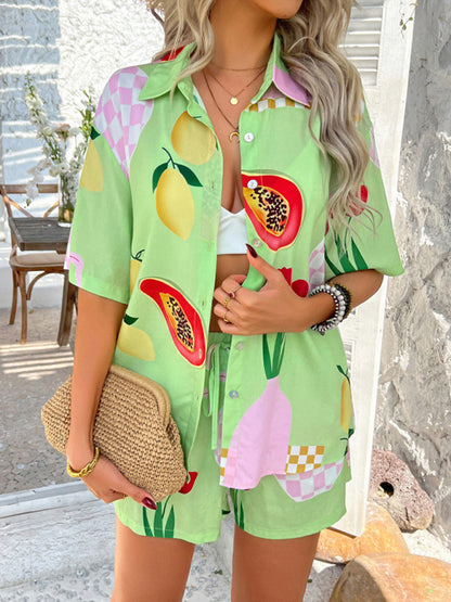 Vacation Set - Pompeii print casual holiday style floral contrast color cardigan short pants set