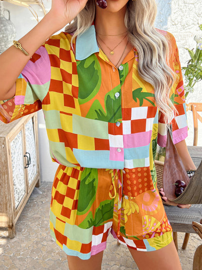 Vacation Set - Pompeii print casual holiday style floral contrast color cardigan short pants set