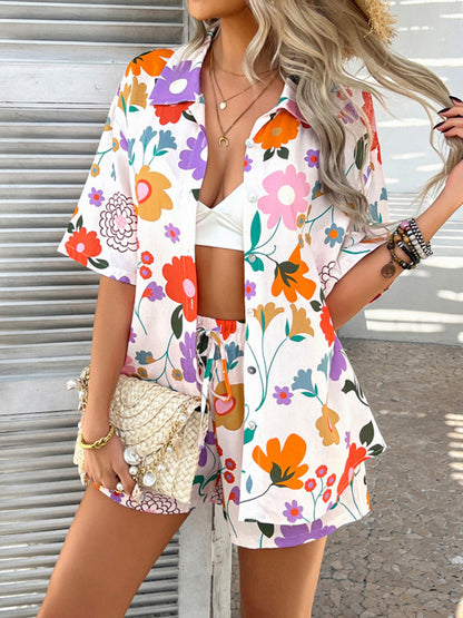Vacation Set - Pompeii print casual holiday style floral contrast color cardigan short pants set