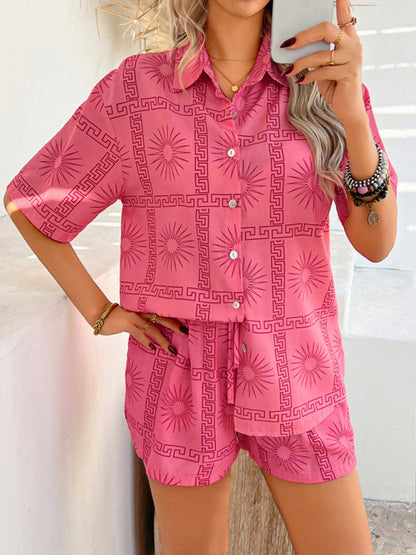 Vacation Set - Pompeii print casual holiday style floral contrast color cardigan short pants set
