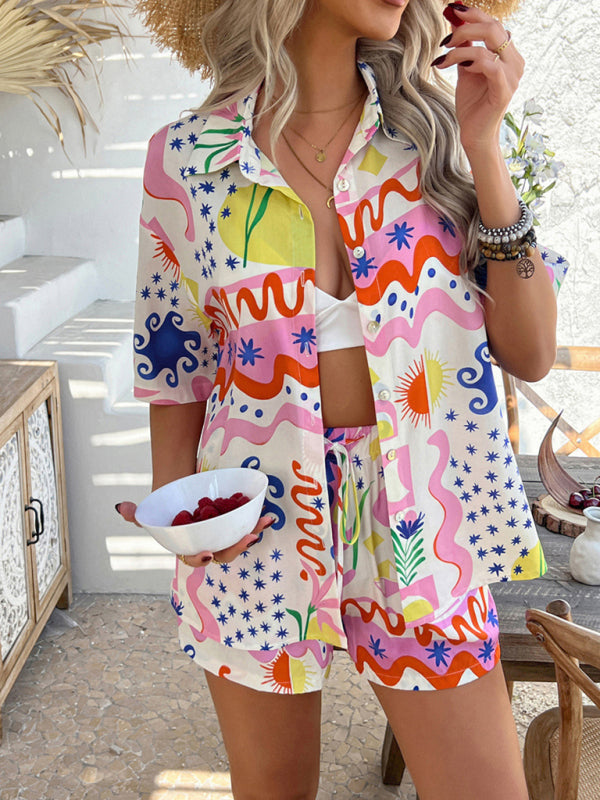 Vacation Set - Pompeii print casual holiday style floral contrast color cardigan short pants set