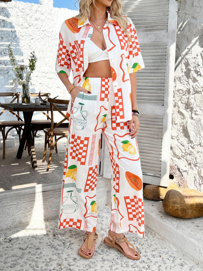 Matching Vacation Set - Casual Bohemian Holiday Style Contrast Print Wide Leg Trousers Set