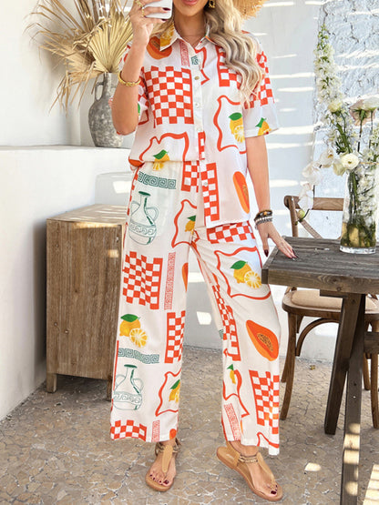 Matching Vacation Set - Casual Bohemian Holiday Style Contrast Print Wide Leg Trousers Set