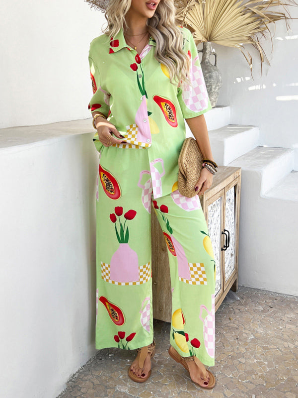 Matching Vacation Set - Casual Bohemian Holiday Style Contrast Print Wide Leg Trousers Set
