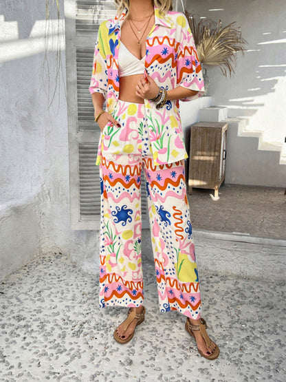 Matching Vacation Set - Casual Bohemian Holiday Style Contrast Print Wide Leg Trousers Set